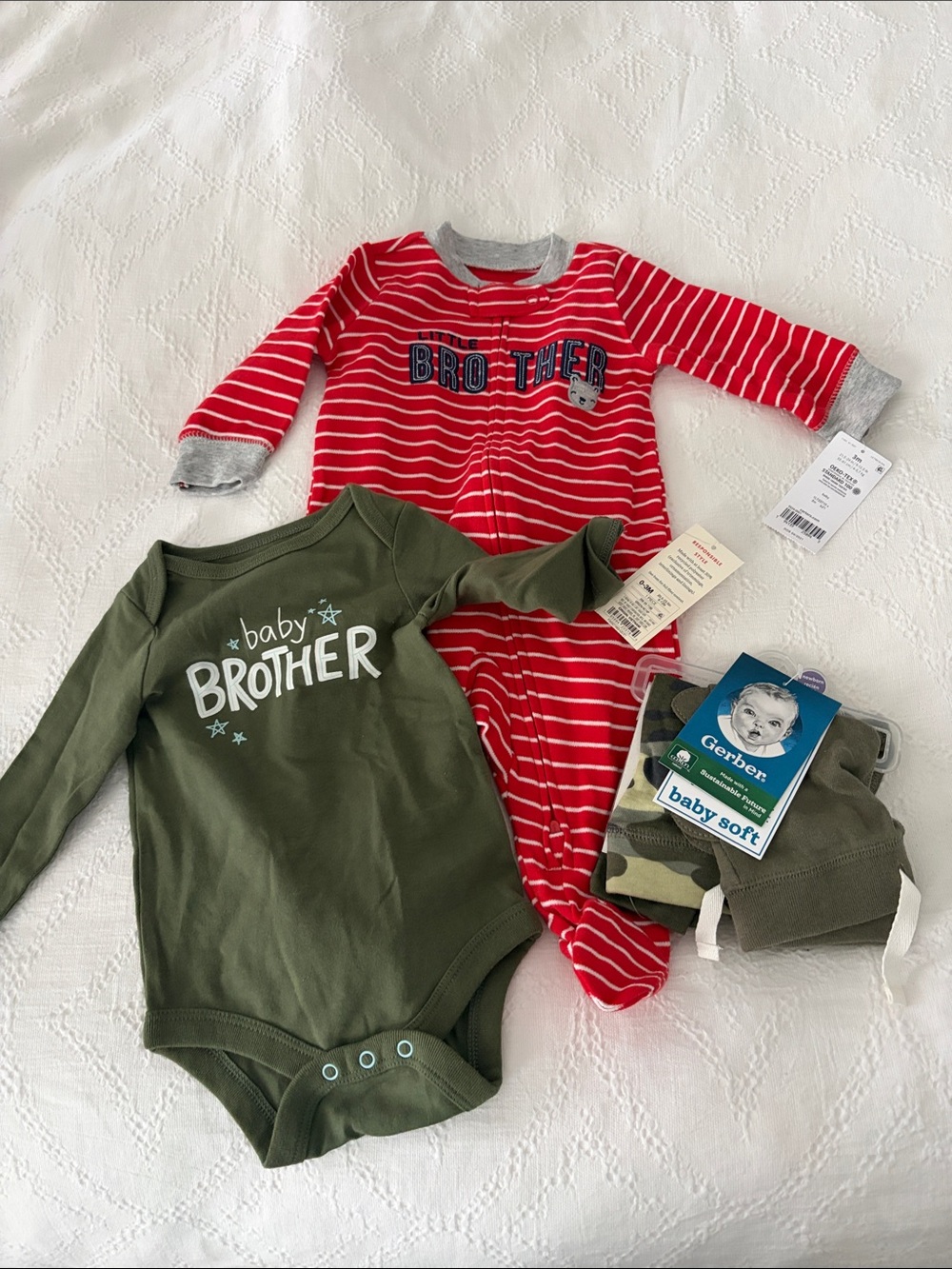Carter's Red Striped Footed Sleeper & Olive Green "Baby Brother" Bodysuit Set